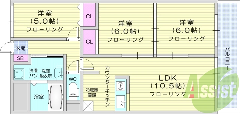 3LDK、追い焚き機能、独立洗面台、都市ガス