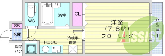 1K、エレベーター、駐輪場、防犯カメラ、TVインターホン。