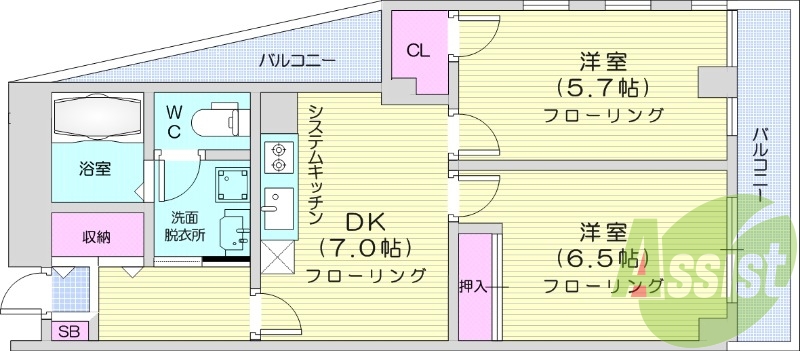 2DK、角部屋、インターネット対応、オートロック