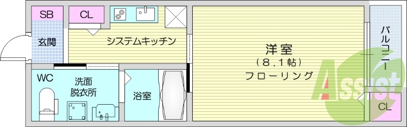 1K、温水洗浄便座、バルコニー、都市ガス。