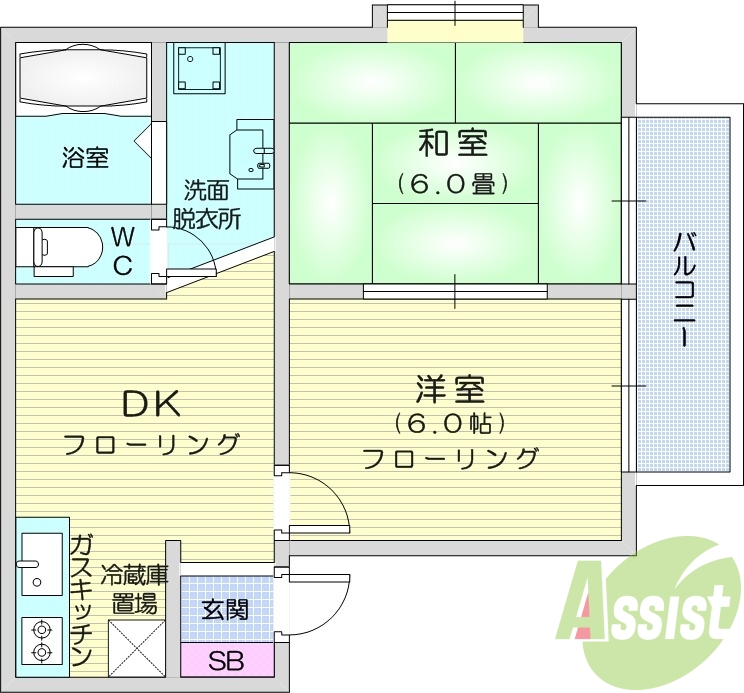 2DK、角部屋、独立洗面台、シャンプードレッサー