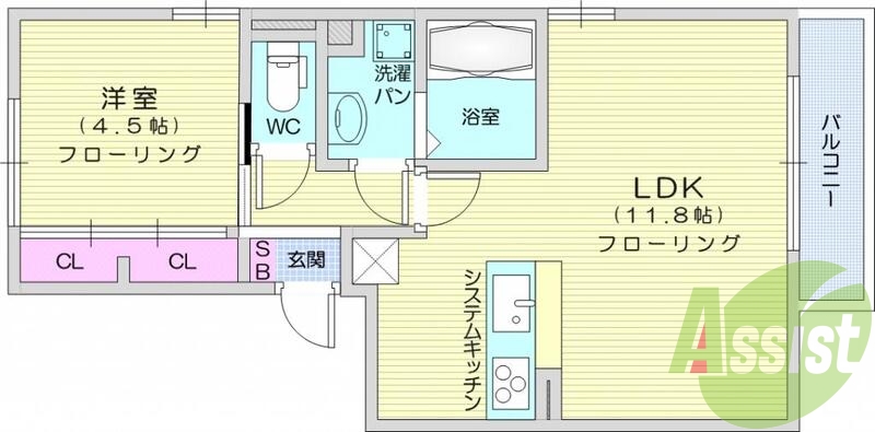 1LDK、南向き、ペット相談、B・T別、カウンターキッチン