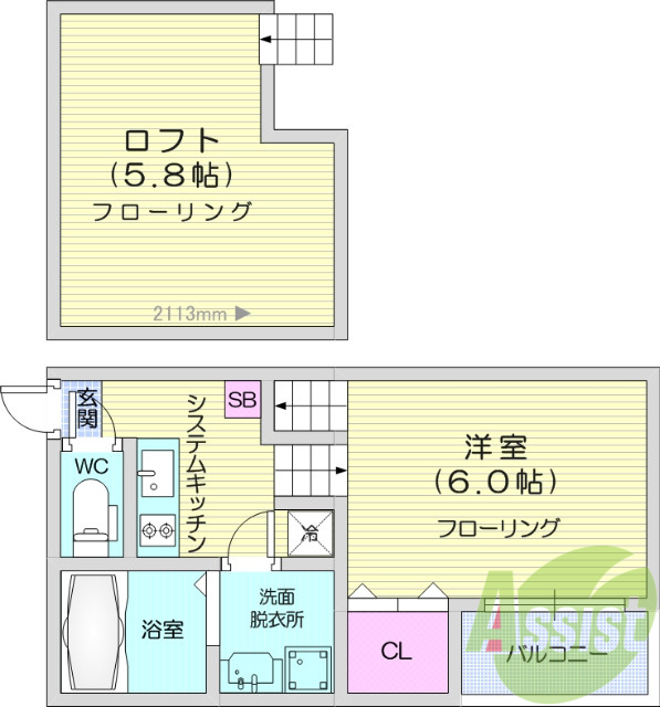 1K、エアコン、システムキッチン、ロフト、バルコニー