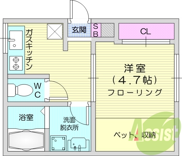 1K、エアコン、室内洗濯機置き場、トイレ浴室別、収納