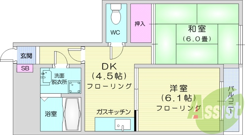 2DK、都市ガス、独立洗面台、シューズボックス