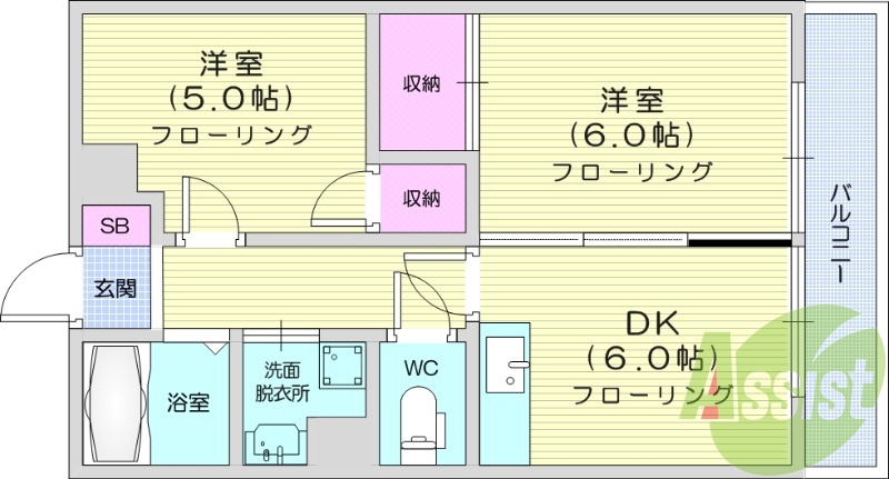 2DＫ、エアコン、バストイレ別、温水洗浄便座