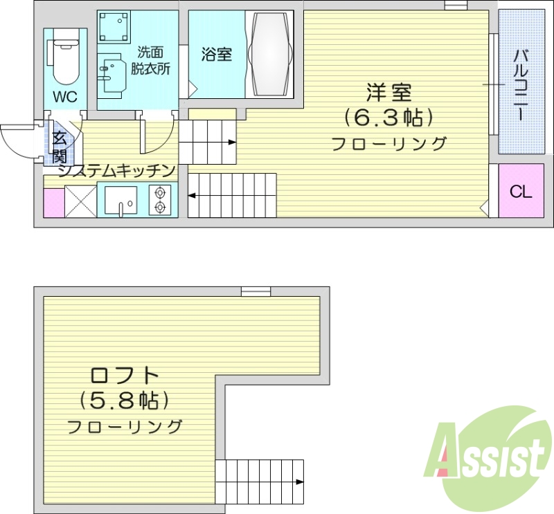 1R、浴室乾燥機、バルコニー、ロフト、ネット無料