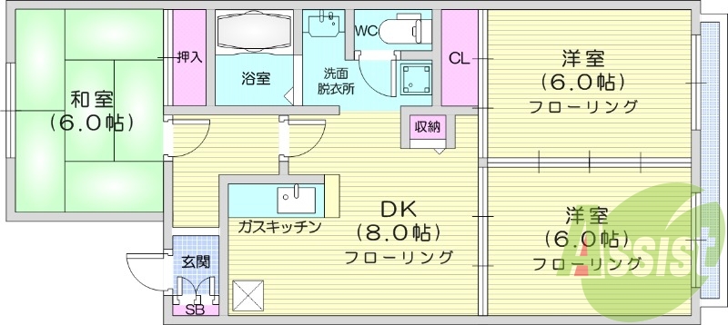 3DK、エアコン、室内洗濯機置、トイレ浴室別、収納