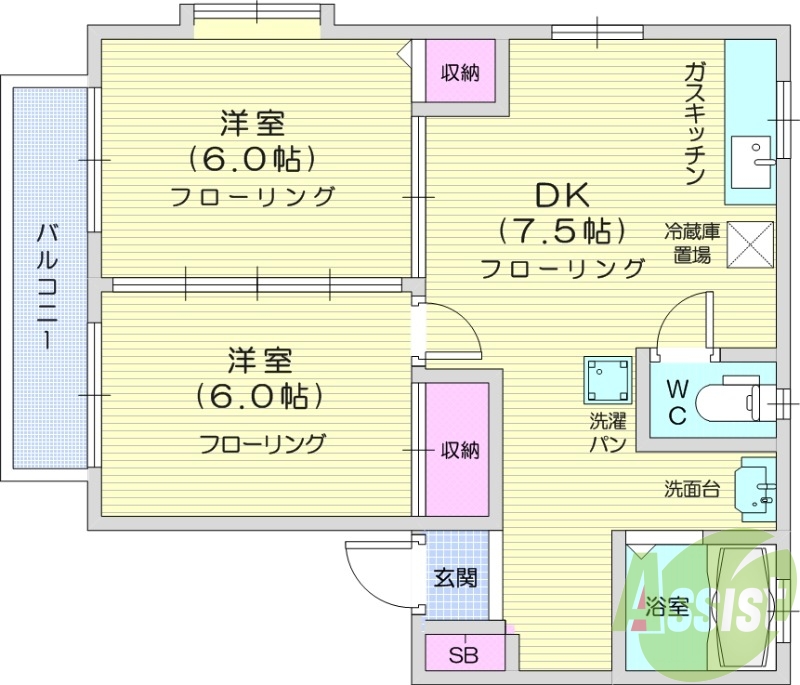 2DK　追い焚き機能　独立洗面台　エアコン　南向き