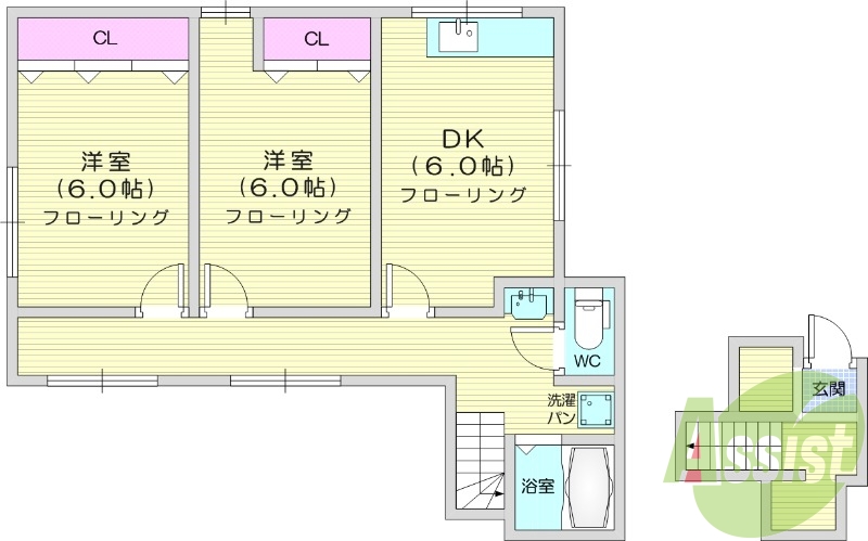 2DK、室内洗濯機置場、トイレ浴室別、収納、独立洗面台