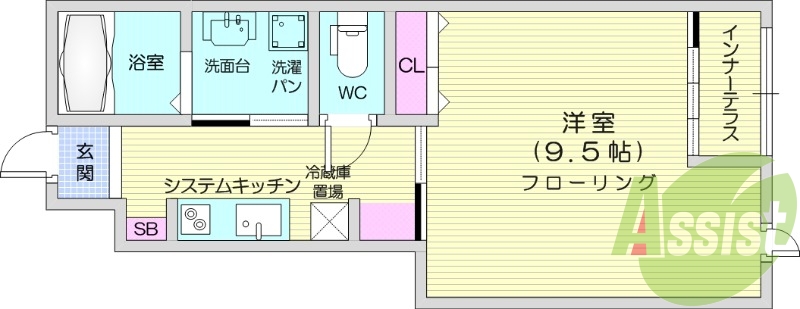 1K、インターネット無料、インナーテラス。