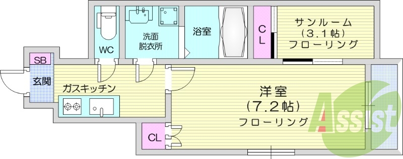 1SK、浴室乾燥機、追い焚き、洗面台独立、エアコン