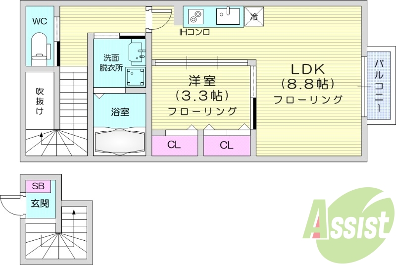 1LDK、バストイレ別、エアコン、浴室乾燥機