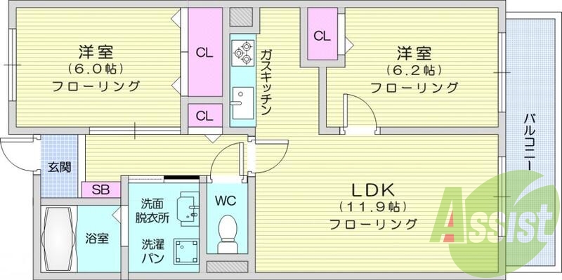 ２ＬＤＫ、オール洋間、独立キッチン、セパレート、追炊き