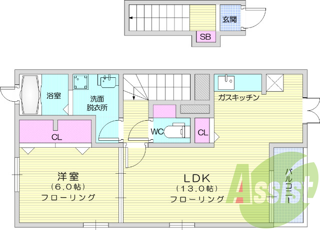 1LDK、フローリング、エアコン、クローゼット