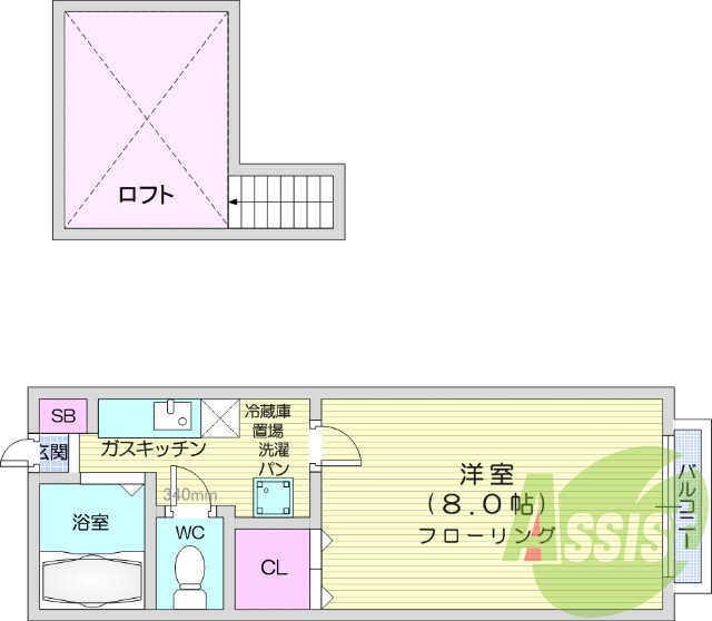 1K、ロフト、エアコン、バス・トイレ別、シューズボックス