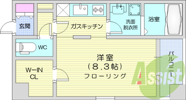 1K　角部屋　バストイレ別　IHコンロのシステムキッチン