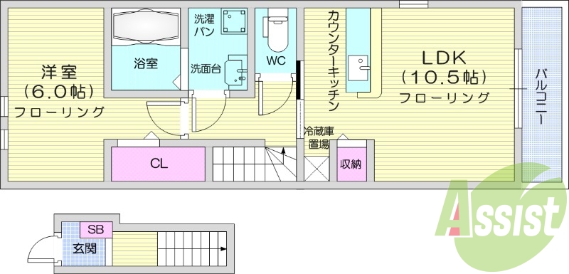 1LDK、浴室乾燥機、エアコン2台、独立洗面台