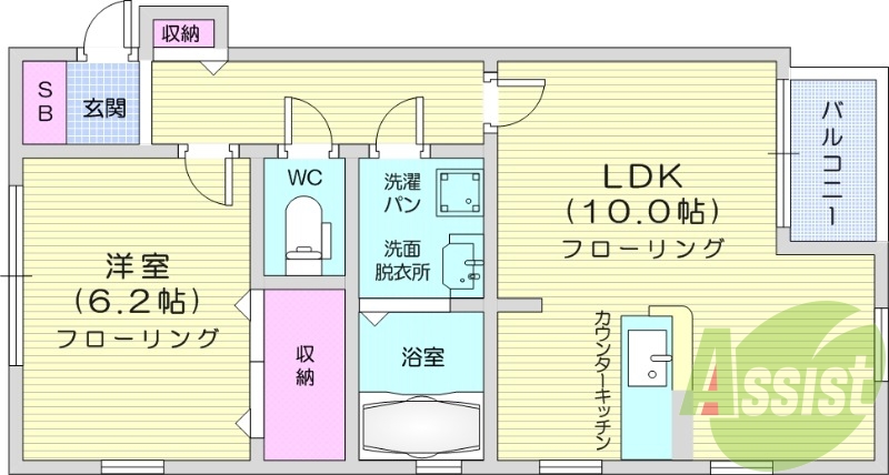 1LDK、南向き、バストイレ別、追焚機能、独立洗面台