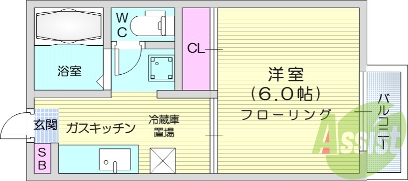 1K、CATV、バストイレ別、バルコニー