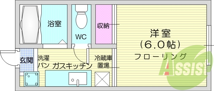 1K、エアコン、バス・トイレ別、室内洗濯機置場