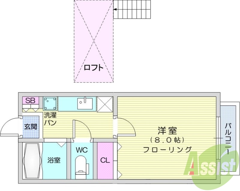 1K、エアコン、バストイレ別、ロフト、室内洗濯機置場