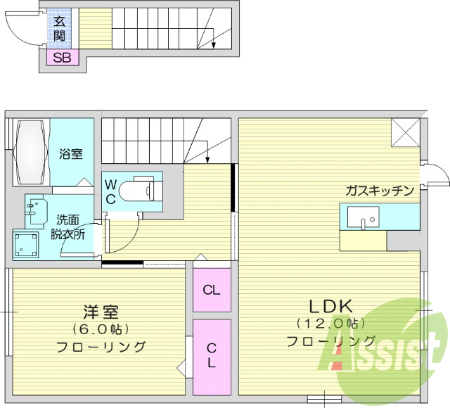 1LDK、エアコン、バストイレ別、カウンターK、都市ガス