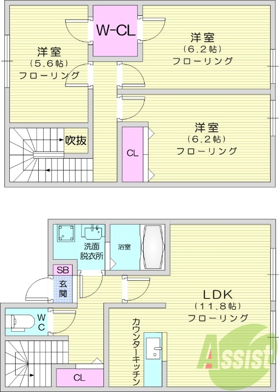 3LDK、フローリング、追い焚き、専用庭、南向き
