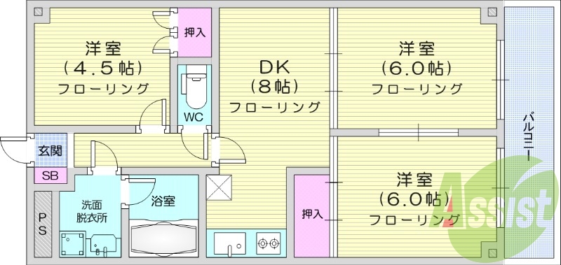 3DK、2階、トイレバス別、モニター付きインターフォン