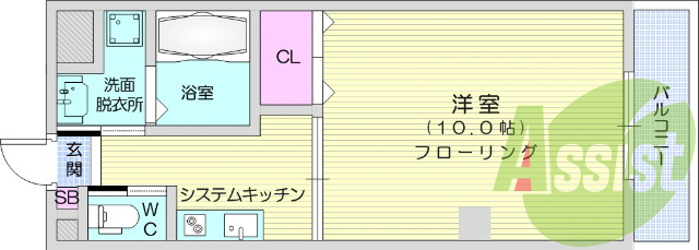 1K、シャンプードレッサー、都市ガス、二口IHコンロ