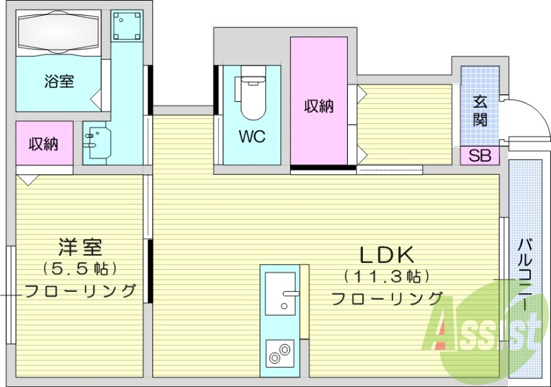 2LDK、フローリング、オール電化、南向き、独立洗面台、給湯