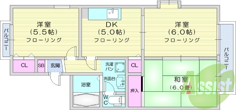 3DK、トランクルーム、独立洗面台、追い炊き機能