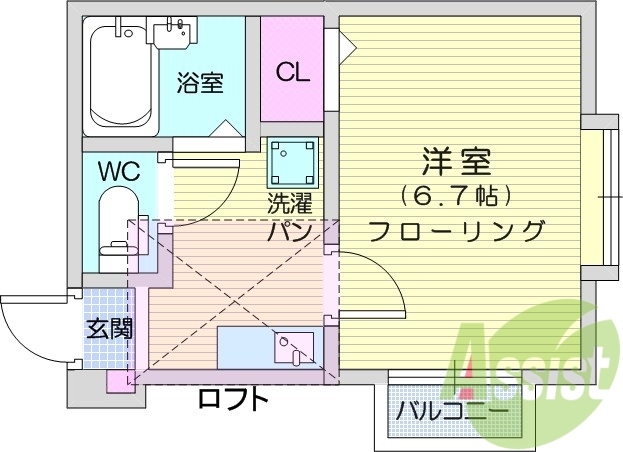1K、ロフト付き、バストイレ別、モニターホン
