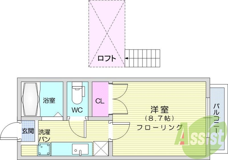1Ｋ、エアコン、室内洗濯機置場、トイレ浴室別、クローゼット