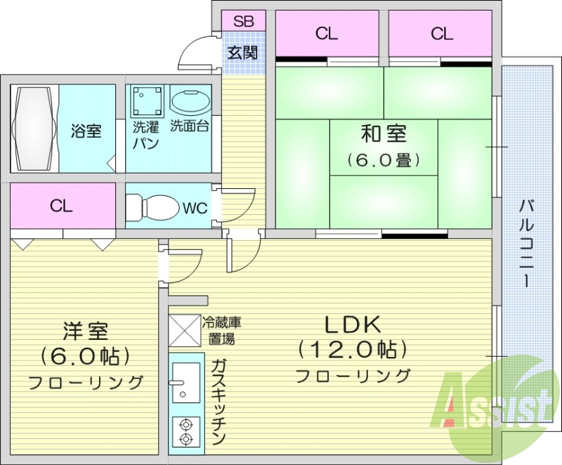 2LDK、エアコン、バストイレ別、モニター付きインターホン