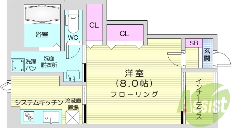 1K、ペット飼育可能、インナーテラス、エアコン。
