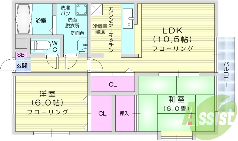 2LDK、南向き、独立洗面台、追い炊き機能、角部屋