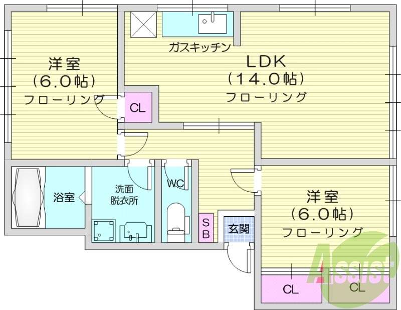 2LDK、南向き、物置、事務所利用相談可能