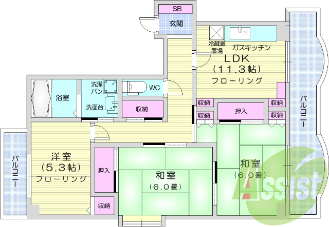 3LDK、角部屋、都市ガス、エアコン2台、ペット猫1匹OK