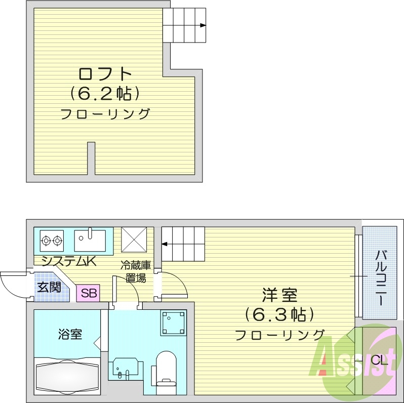 1K、ロフト、独立洗面台、バルコニー、ウォシュレットトイレ