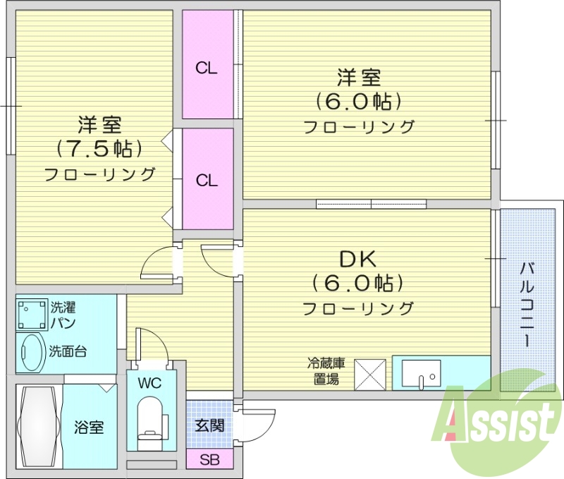 2DK、エアコン、プロパンガス、独立洗面台