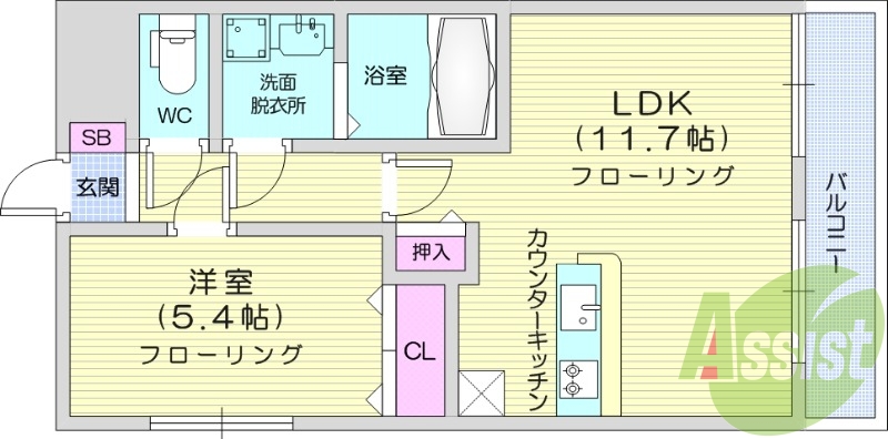 1LDK、バルコニー付き、独立洗面化粧台、バストイレ別