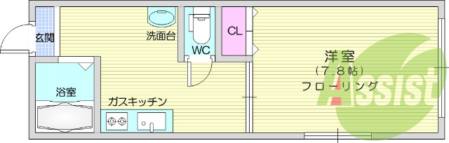 １K、独立洗面台、角部屋、風呂トイレ別、