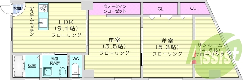 2LDK、サンルーム付き、追い炊き機能、ガスコンロ3口