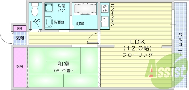 1LDK、システムキッチン、独立洗面台、追い焚き機能