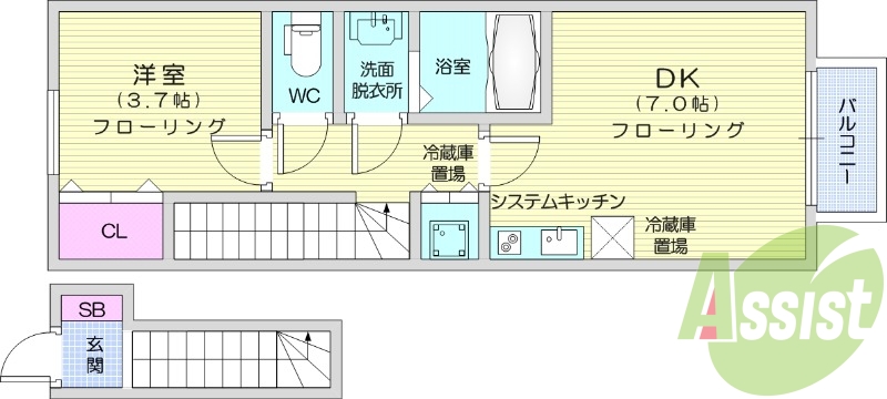 1DK、フローリング、2台エアコン、浴室乾燥機