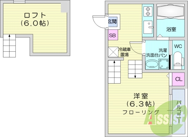 1K、陽当たり良好、ロフト部分収納スペース有ります。