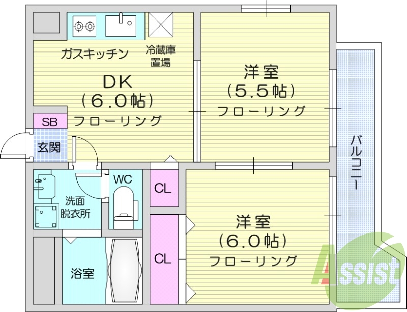 2DK、独立洗面台、シューズボックス、システムキッチン