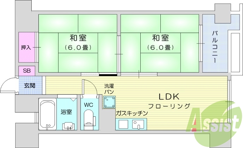 2DK、都市ガス、バストイレ別、洗面台独立