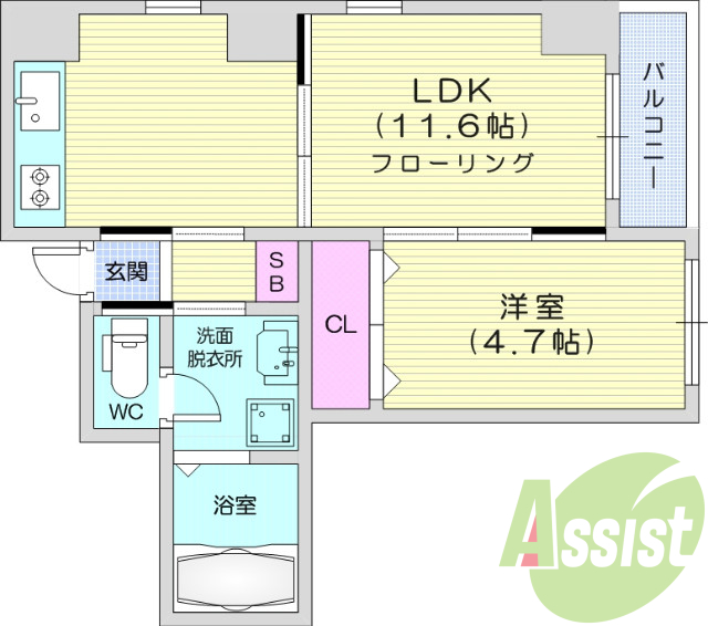 1ＬＤＫ、南向き、追い焚き機能、2口コンロシステムキッチン